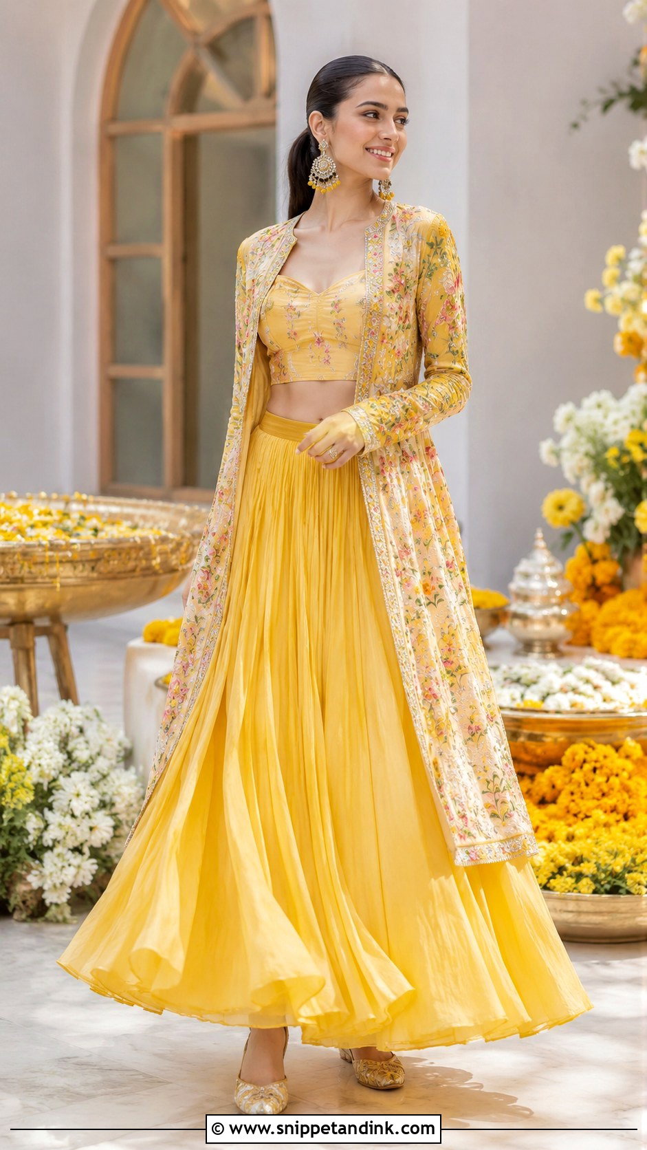 Yellow Skirt and Long Jacket Set - Snippet and Ink - 20 Yellow Haldi Ceremony Outfit for Sister Ideas