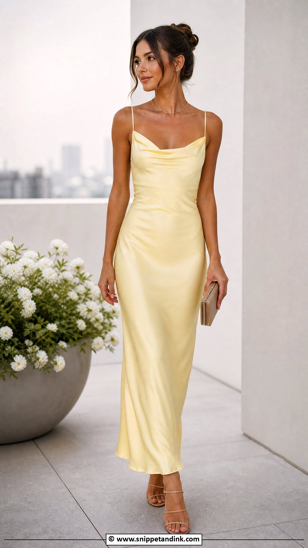 Yellow Slip Wedding Dress With Minimal Jewelry - Snippet and Ink - 30 Yellow Wedding Dress Ideas
