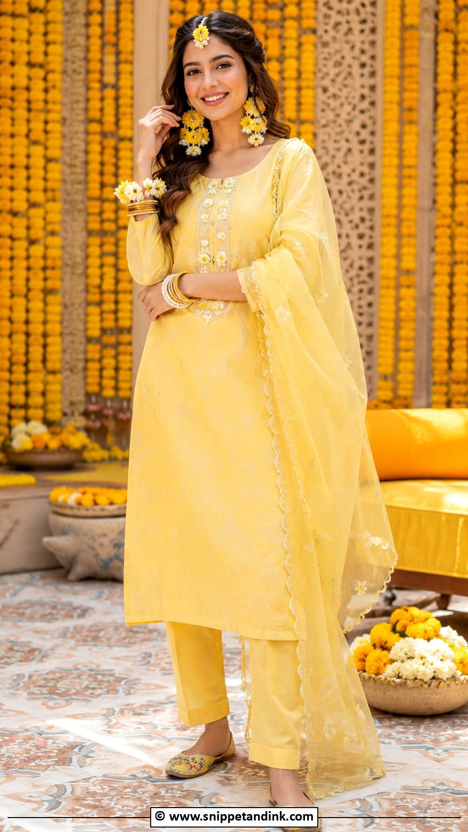 Yellow Suit With Floral Jewelry for Haldi - Snippet and Ink - 30 Haldi Dress Ideas for Sisters