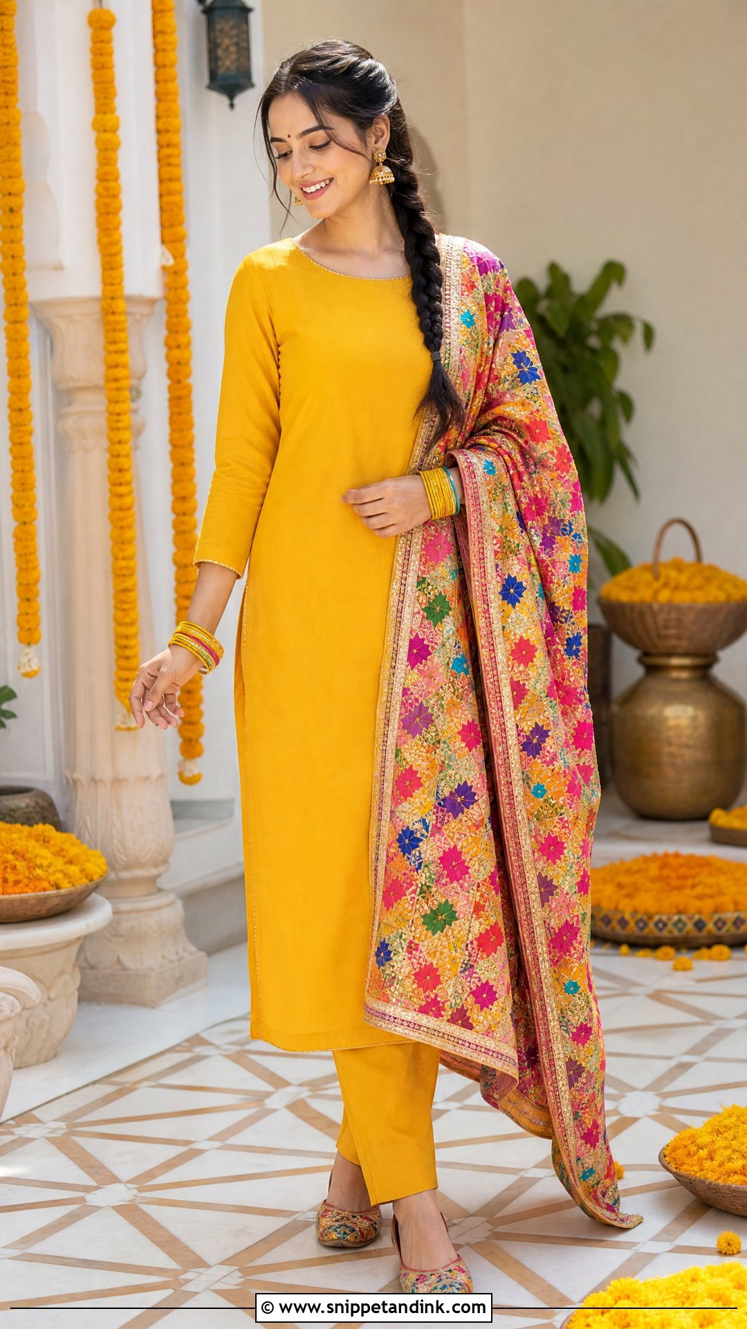Yellow Suit With Phulkari Dupatta Haldi Dress - Snippet and Ink - 20 Simple Haldi Dress Ideas for Sisters
