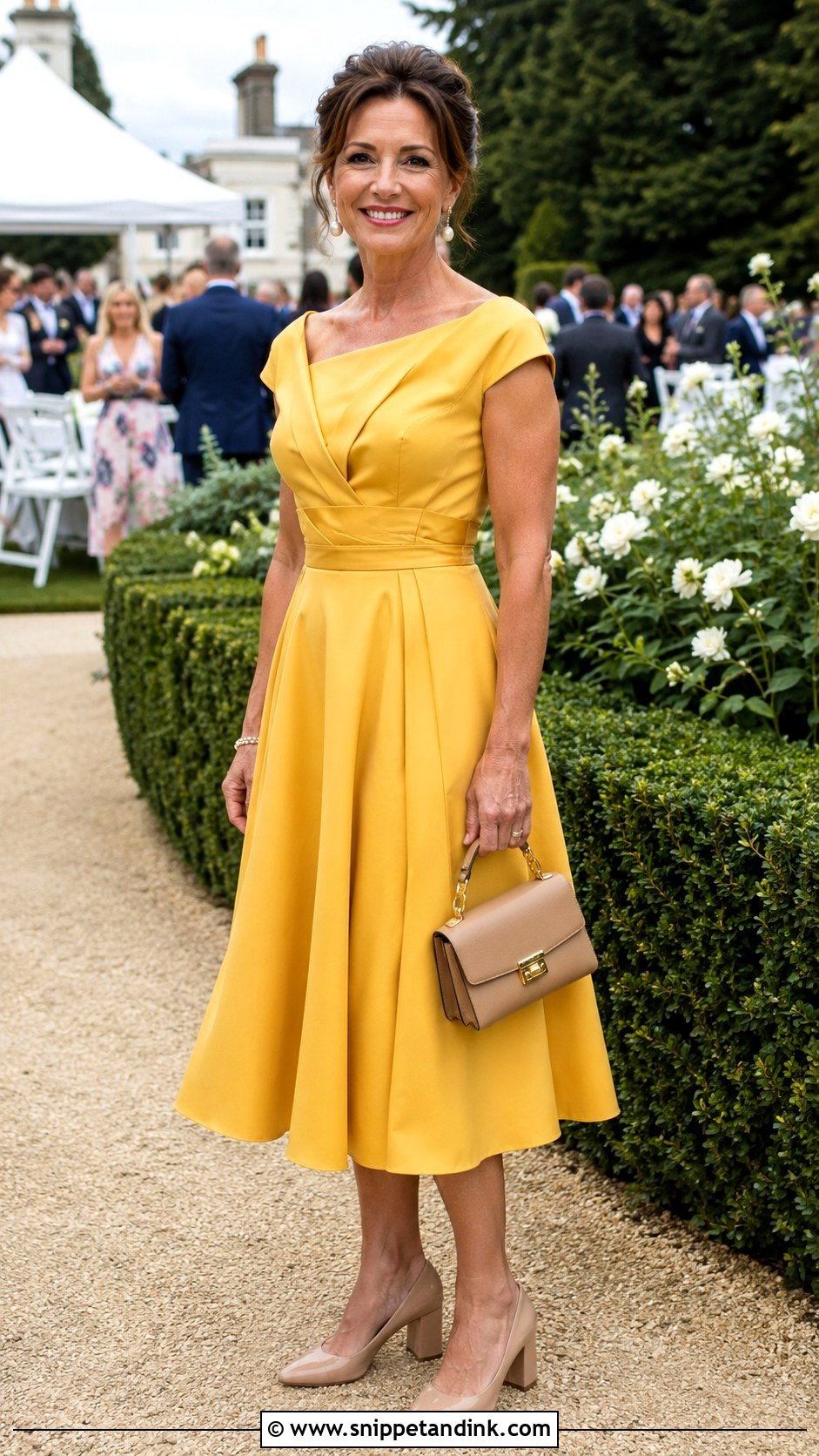 Yellow Tea Length Dress With Pearl Accessories - Snippet and Ink - 20 Elevated Garden Party Wedding Attire Ideas