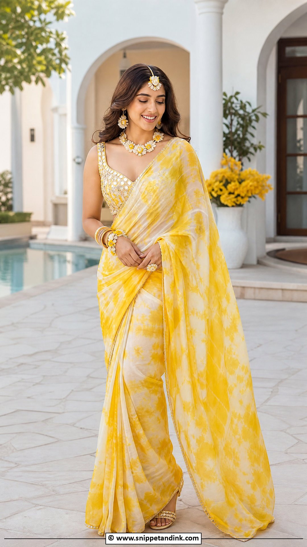 Yellow Tie Dye Saree For Haldi Ceremony - Snippet and Ink - 35 Haldi Ceremony Outfit for Bride Ideas