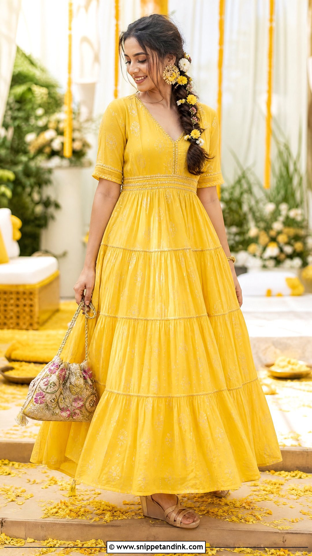 Yellow Tiered Maxi Dress With Floral Earrings - Snippet and Ink - 25 Simple Yellow Dress for Haldi Function Ideas