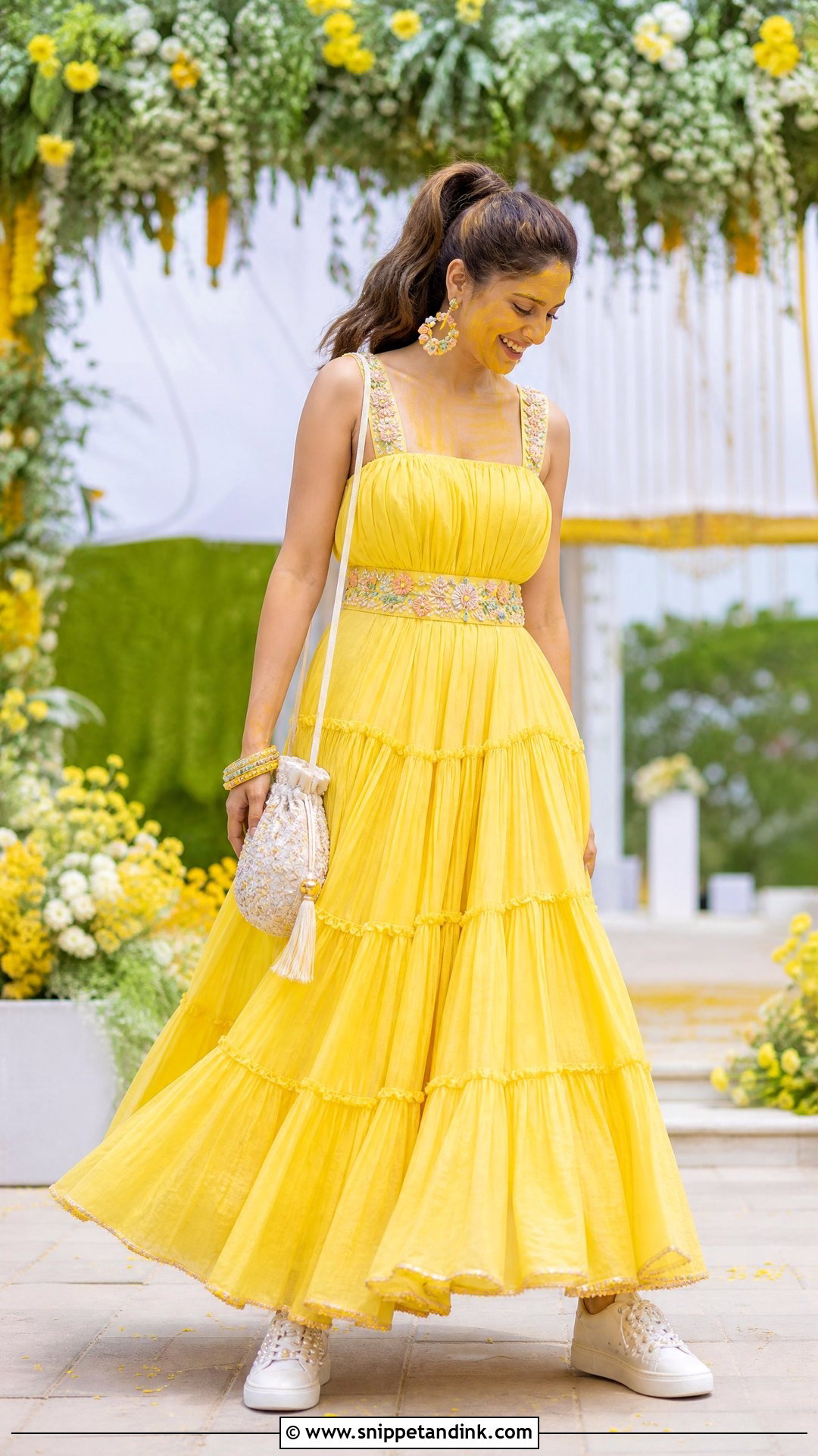 Yellow Tiered Maxi Dress With Sneakers - Snippet and Ink - 20 Western Pithi Outfit Brides Ideas