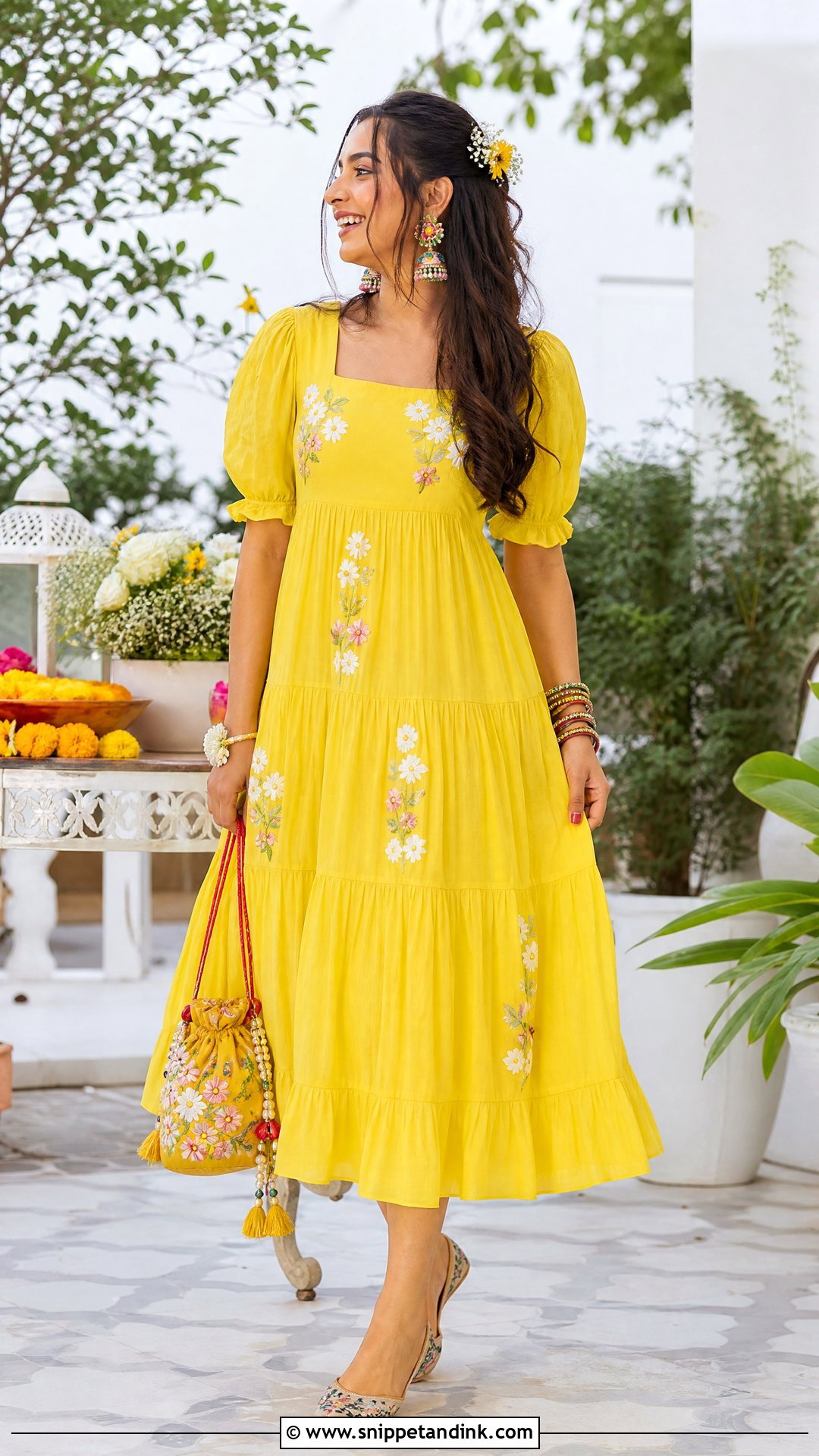 Yellow Tiered Midi Dress for Haldi - Snippet and Ink - 20 Yellow Dresses for Haldi