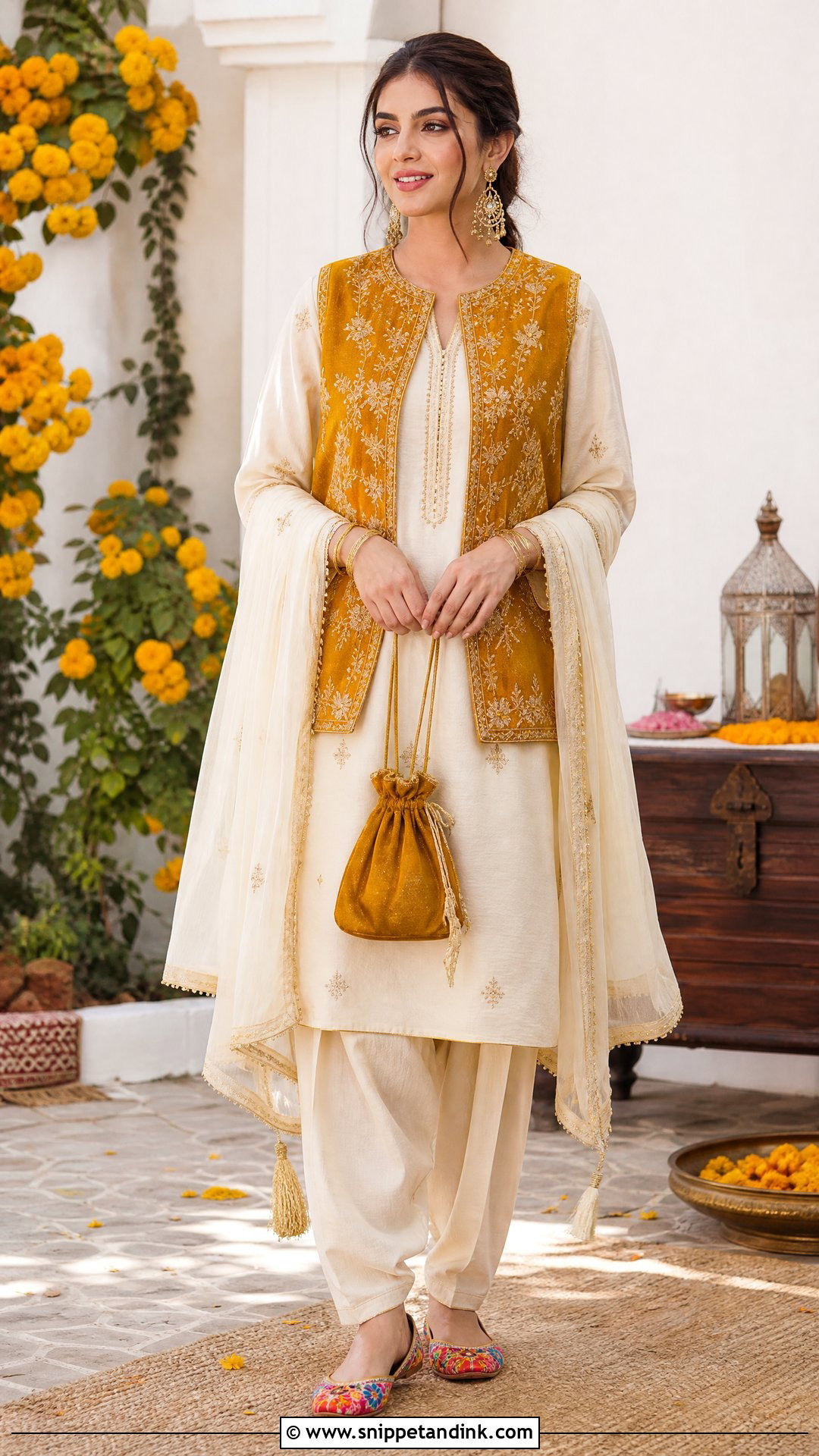 Yellow Velvet Waistcoat With Kurta Shalwar - Snippet and Ink - 20 Pakistani Haldi Outfit Ideas
