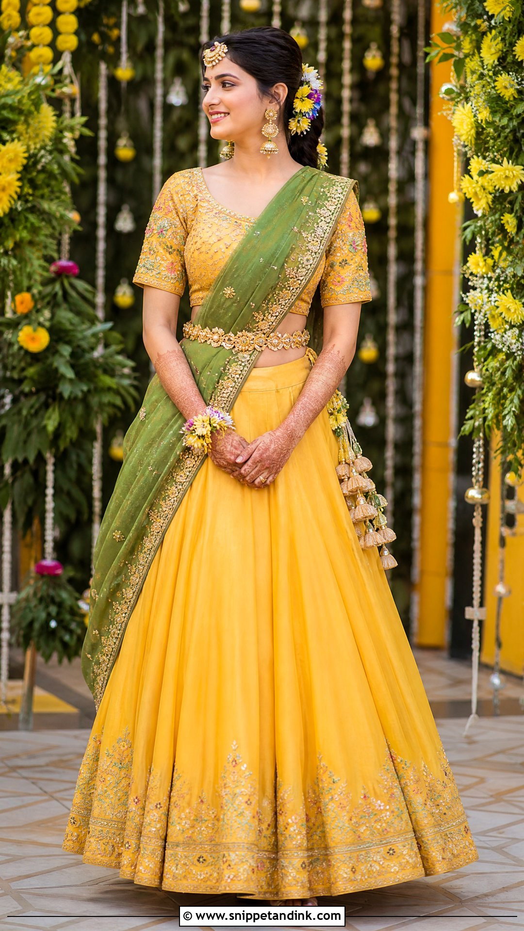Yellow and Green Lehenga Saree for Mehndi - Snippet and Ink - 25 Dresses for Mehndi Function