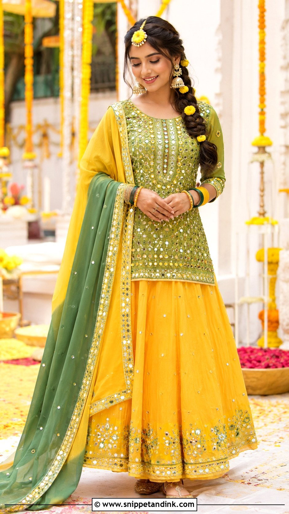 Yellow and Green Skirt Kurta for Haldi Mehendi - Snippet and Ink - 20 Haldi Mehendi Outfit for Bride Ideas