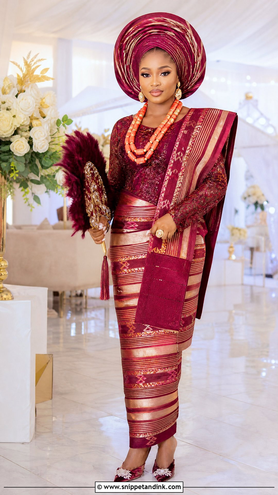 Yoruba Bride Burgundy Lace And Aso Oke Outfit - Snippet and Ink - 20 Nigeria Bride Traditional Dress Ideas