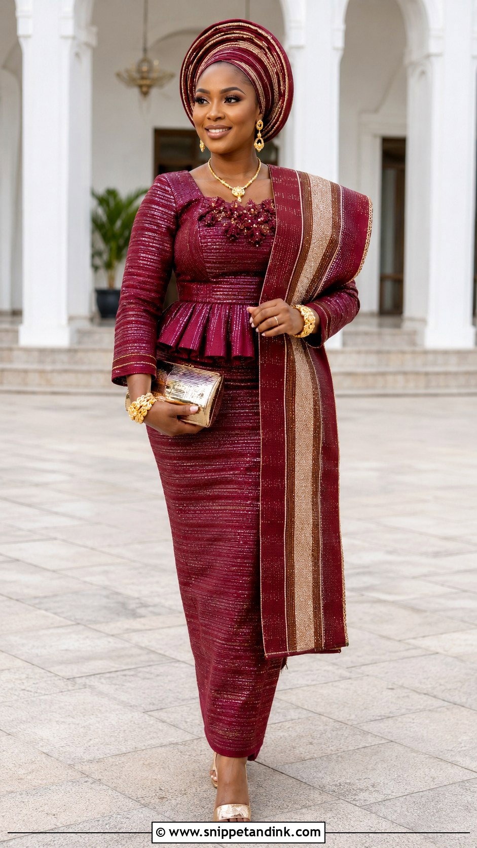 Yoruba Burgundy Aso Oke Peplum Outfit - Snippet and Ink - 20 Bridal Traditional Dresses Nigeria