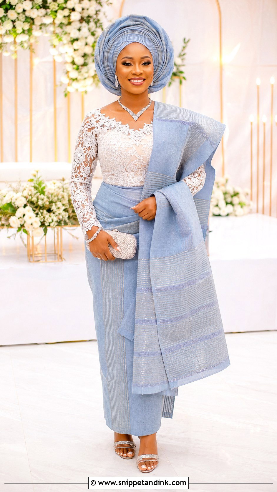 Yoruba Lace Blouse And Aso Oke Wrapper Outfit - Snippet and Ink - 20 Bridal Traditional Dresses Nigeria
