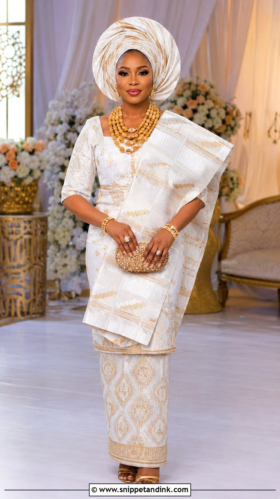 Yoruba White And Gold Aso Oke Bridal Outfit - Snippet and Ink - 20 Bridal Traditional Dresses Nigeria