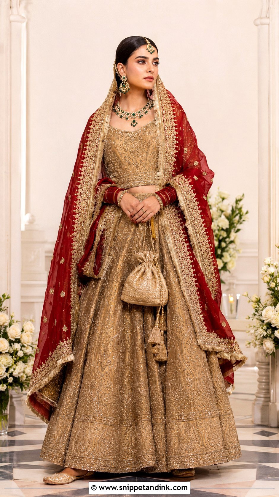 Zardozi Bridal Chunri Dupatta With Gold Lehenga - Snippet and Ink - 20 Bridal Chunri Dupatta Ideas